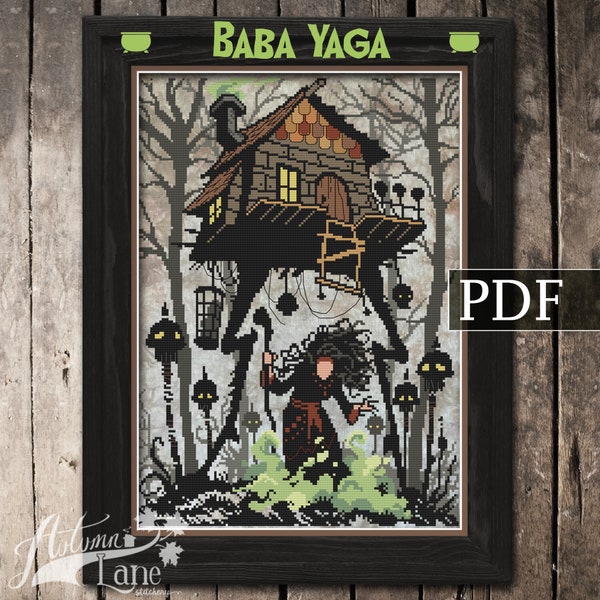 Baba Yaga Kreuzstichmuster, Gothic Hexe Kreuzstich, slawische Folklore, PDF Muster, Autumn Lane Stitchery