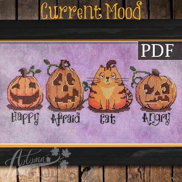 Current Mood Cross Stitch Pattern, Pumpkin Cross Stitch, Halloween, PDF Pattern, Autumn Lane Stitchery