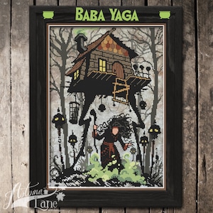 Baba Yaga Cross Stitch Pattern, Gothic Witch Cross Stitch, Slavic Folklore Physical Leaflet, Autumn Lane Stitchery
