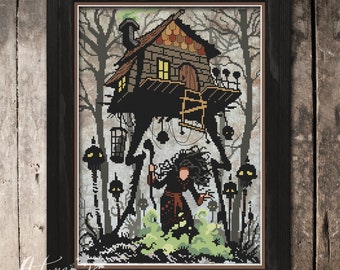Baba Yaga Cross Stitch Pattern, Gothic Witch Cross Stitch, Slavic Folklore Physical Leaflet, Autumn Lane Stitchery