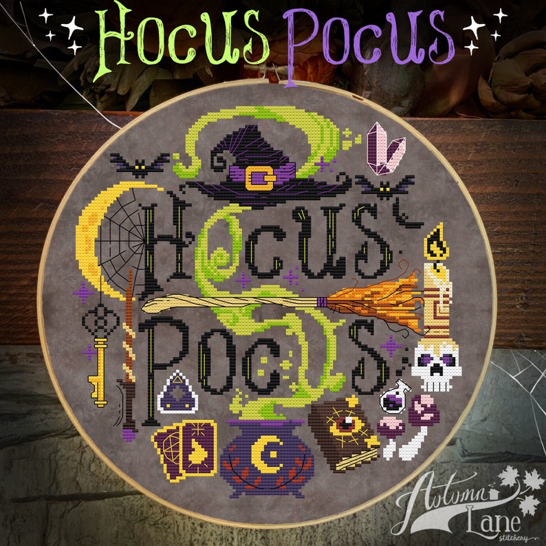 Hocus Pocus Cross Stitch Pattern Halloween Witch Cross Stitch Pattern, Spooky, Physical leaflet Autumn Lane Stitchery image 1