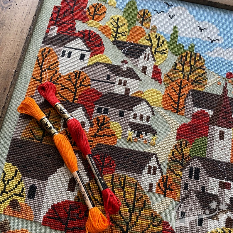 Autumn Towne Cross Stitch Pattern, Fall X Stitch chart, Pumpkins, Fall harvest Landscape Counted Cross stitch PDF, Autumn Lane Stitchery image 3