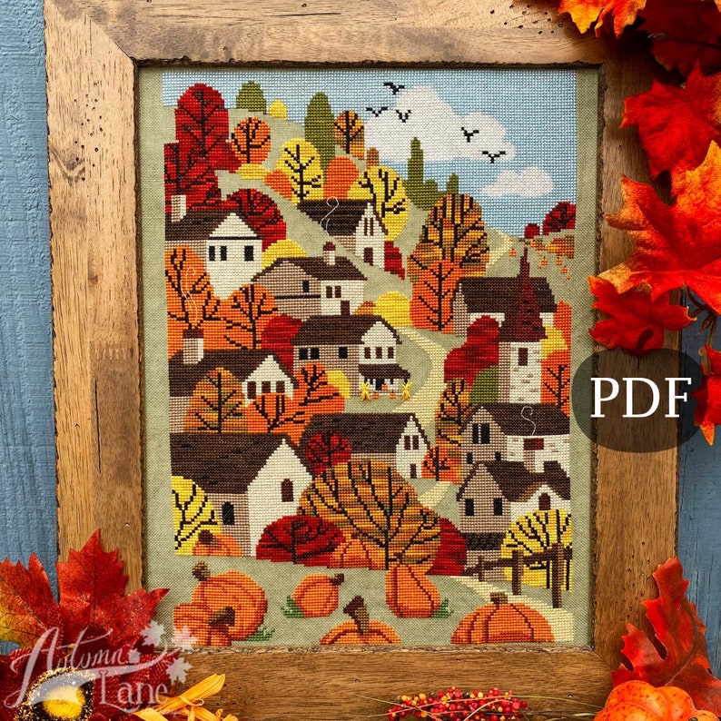 Autumn Towne Cross Stitch Pattern, Fall X Stitch chart, Pumpkins, Fall harvest Landscape Counted Cross stitch PDF, Autumn Lane Stitchery image 1