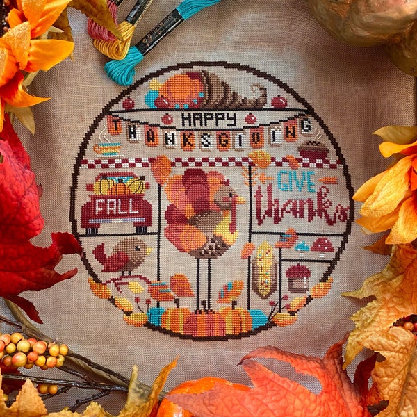 Thanksgiving cross stitch sampler, Fall cross stitch, Autumn X stitch pattern, Autumn cross stitch, Give Thanks PDF, Autumn Lane Stitchery