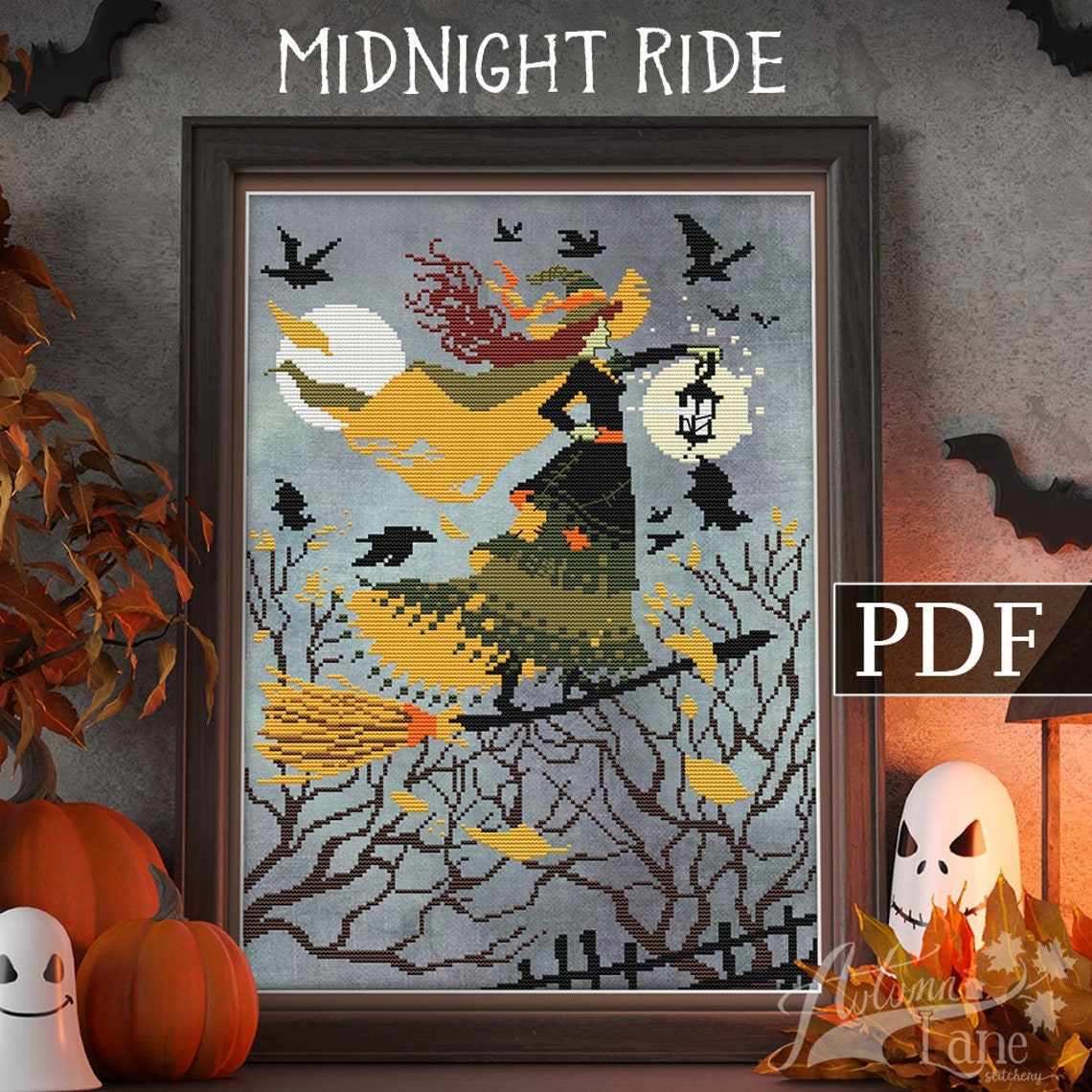 Midnight Ride Cross Stitch Pattern Halloween Witch Cross - Etsy