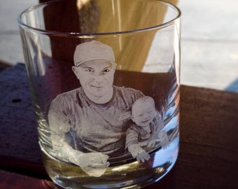 Rocks Whiskey Glass, Personalized photography etched glass gift for friends and family