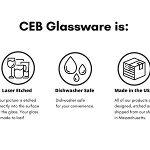 May include: Three black and white icons with text below each. The first icon shows two glasses, one wine glass and one tumbler. The text below reads "Laser Etched. Your picture is etched directly into the surface of the glass. Your glass is made to last!" The second icon shows two water drops. The text below reads "Dishwasher Safe. Dishwasher safe for your convenience." The third icon shows a box with stars on it. The text below reads "Made in the USA! All of our products are designed, etched and shipped from our shop in Massachusetts."