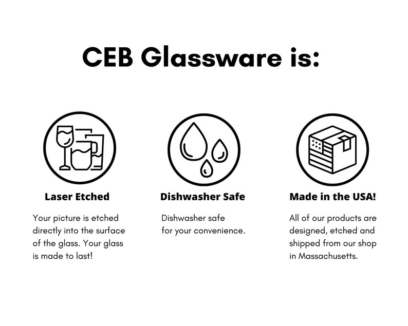 May include: Three black and white icons with text below each. The first icon shows two glasses, one wine glass and one tumbler. The text below reads "Laser Etched. Your picture is etched directly into the surface of the glass. Your glass is made to last!" The second icon shows two water drops. The text below reads "Dishwasher Safe. Dishwasher safe for your convenience." The third icon shows a box with stars on it. The text below reads "Made in the USA! All of our products are designed, etched and shipped from our shop in Massachusetts."