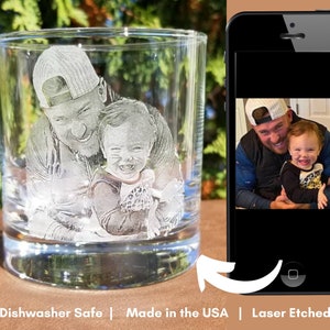 Etched Picture Rocks Glass | Father&#39;s day, dad gifts, personalized whiskey glass, personalized glassware, custom portrait, unique dad gifts