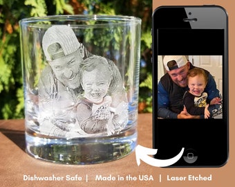 Etched Picture Rocks Glass | Father's day, dad gifts, personalized whiskey glass, personalized glassware, custom portrait, unique dad gifts