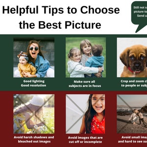 May include: A graphic with helpful tips on how to choose the best picture. The graphic shows examples of good and bad pictures. The good pictures are well-lit, in focus, and cropped close to the subject. The bad pictures are poorly lit, out of focus, or have harsh shadows.