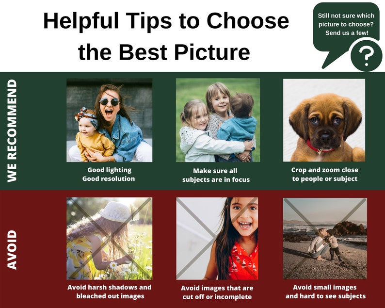 May include: A graphic with helpful tips on how to choose the best picture. The graphic shows examples of good and bad pictures. The good pictures are well-lit, in focus, and cropped close to the subject. The bad pictures are poorly lit, out of focus, or have harsh shadows.