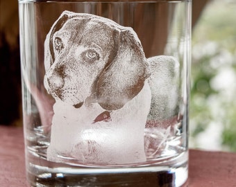 Rocks glass, photograph on glass, custom glasses, pet photo, dog lover, dog, animal lover,  custom order, etched glass