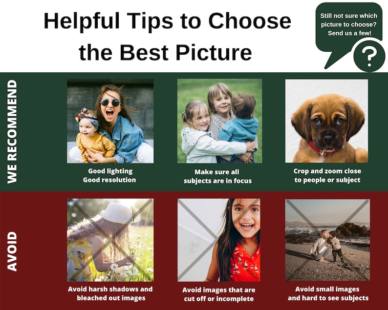 Puede incluir: Un gr&aacute;fico con consejos &uacute;tiles para elegir la mejor foto. El gr&aacute;fico muestra ejemplos de fotos buenas y malas. Las buenas fotos est&aacute;n bien iluminadas, enfocadas y recortadas cerca del sujeto. Las malas fotos est&aacute;n mal iluminadas, desenfocadas o tienen sombras duras.