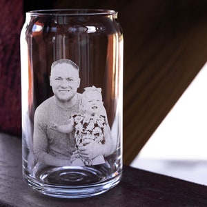 Beer Can Glass, Personalized photography etched glass gift for friends and family, fathers day gift