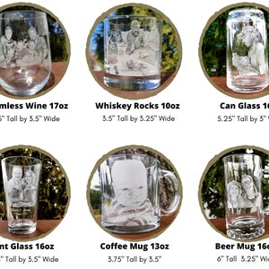 May include: Six different types of glass drinkware with personalized engravings. The glasses include a stemless wine glass, whiskey rocks glass, can glass, pint glass, coffee mug, and beer mug. Each glass is shown in a circle with a brown background.
