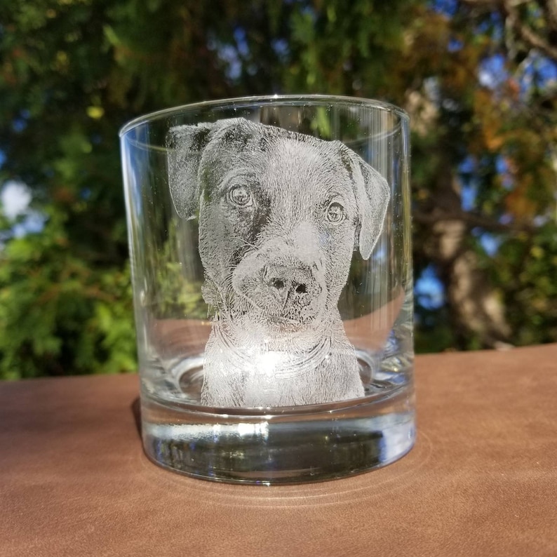 May include: A clear glass tumbler with a dog's face etched into the side. The dog is a black and white terrier mix with a serious expression.