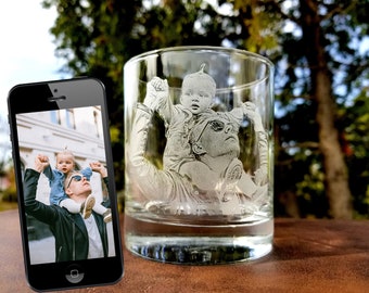 Etched Picture Rocks glass | Father's day, dad gifts, personalized whiskey glass, personalized glassware, custom portrait, unique dad gifts