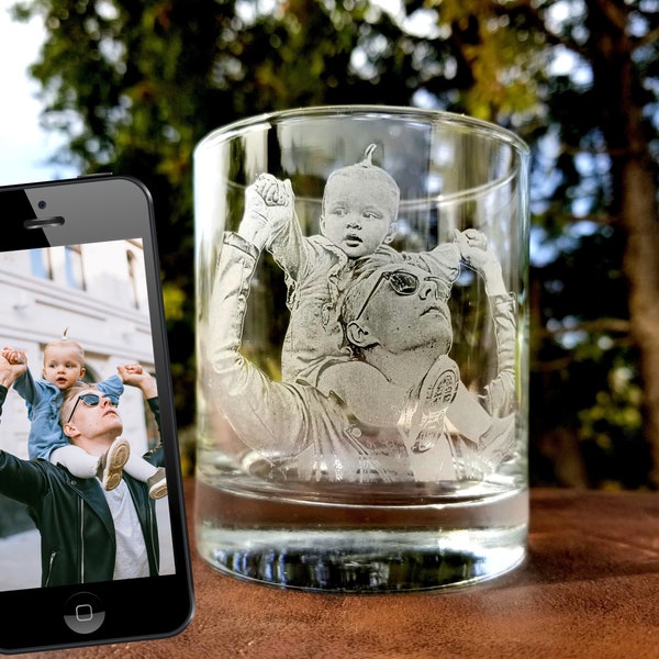 Etched Picture Rocks glass | Father's day, dad gifts, personalized whiskey glass, personalized glassware, custom portrait, unique dad gifts