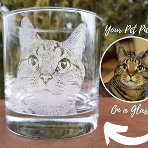 May include: A clear glass with a cat's face etched into the side. The cat is looking directly at the viewer. The text "Your Pet Picture On a Glass" is visible in the background.