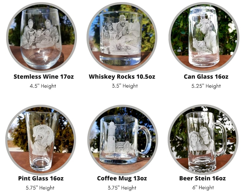 Puede incluir: Seis tipos diferentes de cristaler&iacute;a para bebidas con grabados personalizados. Las copas incluyen una copa de vino sin tallo, un vaso de whisky, un vaso de lata, un vaso de pinta, una taza de caf&eacute; y una jarra de cerveza. Cada copa tiene un dise&ntilde;o diferente y est&aacute; grabada con una imagen &uacute;nica.