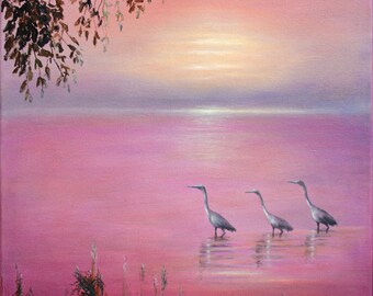 Landscape oil painting Japanese Cranes Sunrise on water light purple nature beauty birds in water