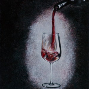 RED WINE Bottle with a glass of red wine oil painting Wall Art decor Fine art Drops of Wine