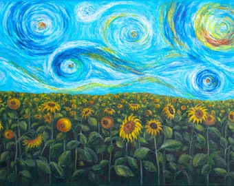 STARRY NIGHT FLOWERS 1 Van Gogh Inspiration Impressionist art textured oil painting Sunflowers Van Gogh lovers conceptual fantasy art