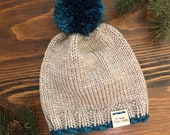 Baby Woodland Rustic Girl - Boy Knitted Beanie Warm Cozy Winter Knit Hat with Pompom quot THE little SENOIA quot in Teal Blue Biscuit