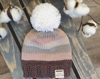 Baby Girl Knit Hat ~ Infant Knit Hat Infant Winter Knit Hat with Pom Pom ~ Woodland Striped "THE little AMICALOLA" Taupe Gray Cream Pink Hat