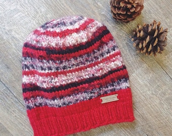 Beautiful Handmade Women's Soft and Cozy Beanie Chunky Winter Knit Hat "RED ROCKS" in Red, Black, Grey and White