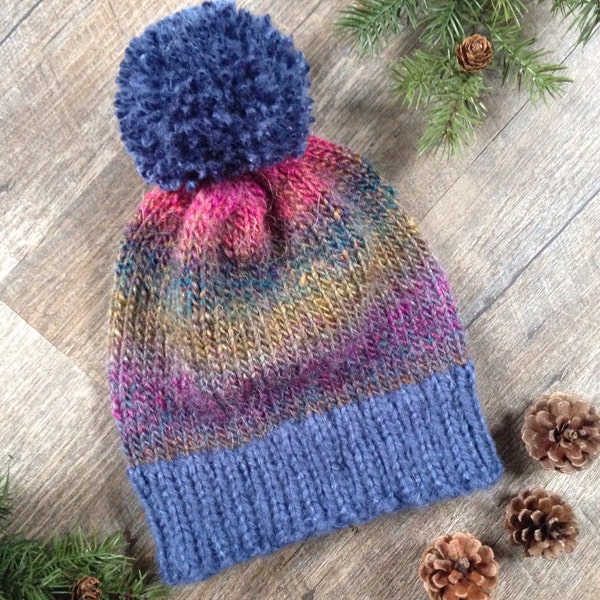 Women's Woodland~Rustic Knit Beanie Girl's Warm and Cozy Winter Knit Hat with Pompom "THE FORSYTH" in Jeweltone Aspyn and Denim Blue