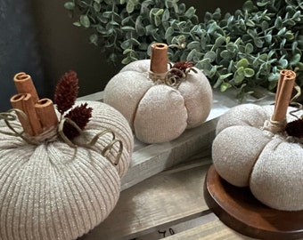 Rustic Autumn Pumpkins | Light Gold with Gold Sparkle | Fall Decor | Stuffed Pumpkins | Sweater Pumpkins | Plush Pumpkin