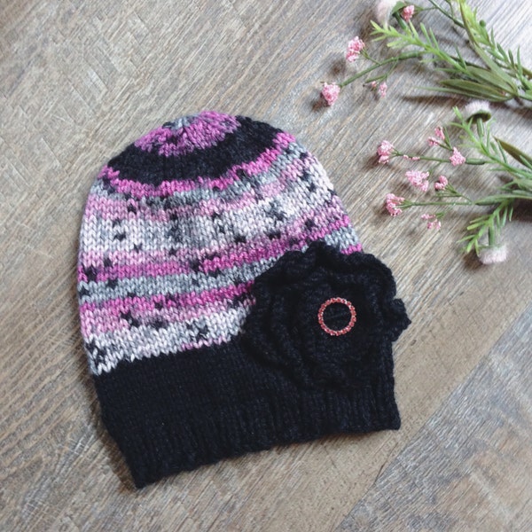 Cute Handmade Baby Girl's 0-12 Months "Cosmic Halo" Winter Knit Hat w/Flower & Pink Rhinestone Button [Black, Shades of Pink and Gray]