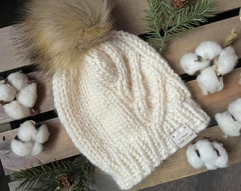 Baby Boy Cable Knit Hat ~ Baby Girl Cable Knit White Hat | Infant Ivory White Knit Hat with Faux Fur Pom Pom ~ "THE little BRODERICK"