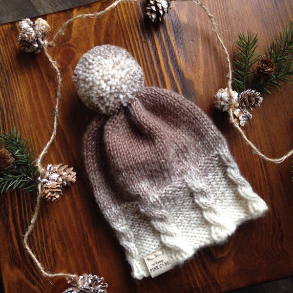 Baby Knit Beanie ~ Baby Girl Winter Cable Knit Hat with Pom Pom ~ Woodland - Rustic Knitted Hat "THE little EMERSON" in Tan and Cream Ombre