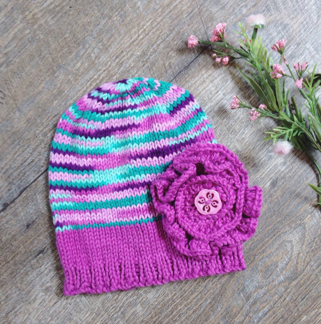 Handmade Cute and Cozy Baby Girls Knit Hat With Knit Flower Etsy