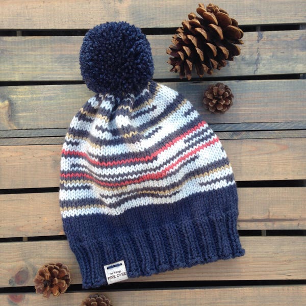 Men's Knit Beanie w/Pompom ~ Women's Winter Knit Hat ~ Woodland - Rustic Knitted Hat "THE BAINBRIDGE" in Denim Blue, Soft Red, White and Tan