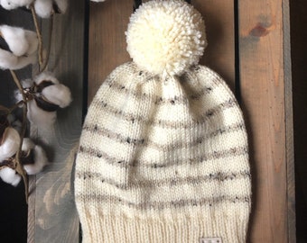 Women's Knit Beanie ~ Men's Winter Knit Hat with Pom Pom ~ Woodland - Rustic Striped Ladies Knit Hat "THE HEMLOCK" in Beige | Taupe | Cream
