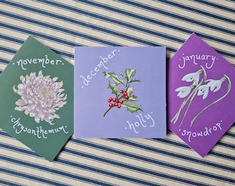 Flor de nacimiento de diciembre, Acebo de cumpleaños, Tarjeta ilustrada botánica de invierno