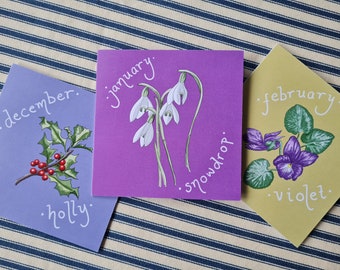 Flor de nacimiento de enero, cumpleaños con campanilla de invierno, tarjeta ilustrada botánica de invierno