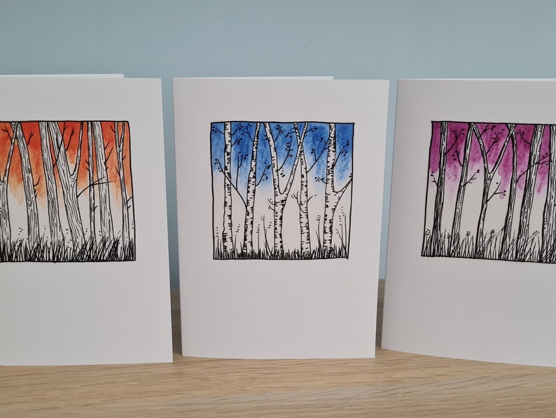 Juego de seis tarjetas de felicitación con diseño de abedules en acuarela – Tarjetas de felicitación en blanco con temática de bosque imagen 3