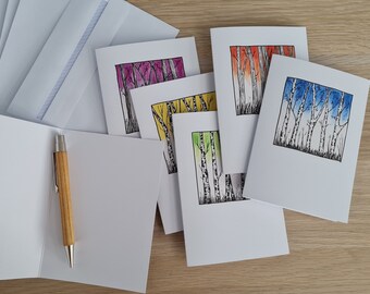 Juego de seis tarjetas de felicitación con diseño de abedules en acuarela – Tarjetas de felicitación en blanco con temática de bosque