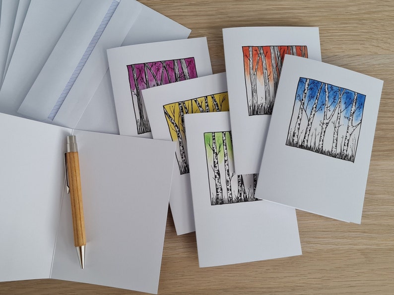 Juego de seis tarjetas de felicitación con diseño de abedules en acuarela – Tarjetas de felicitación en blanco con temática de bosque imagen 1