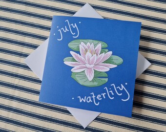 Flor de nacimiento de julio, Nenúfar de cumpleaños, Tarjeta ilustrada botánica de verano