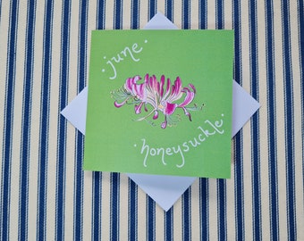Flor de nacimiento de junio, Madreselva de cumpleaños, Tarjeta ilustrada botánica de verano