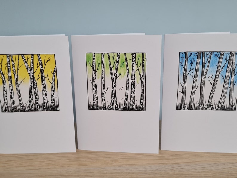 Juego de seis tarjetas de felicitación con diseño de abedules en acuarela – Tarjetas de felicitación en blanco con temática de bosque imagen 2