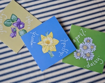 Flor de nacimiento de marzo, cumpleaños con narciso, tarjeta ilustrada botánica de primavera