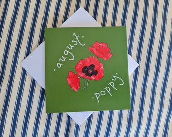 Flor de nacimiento de agosto, Amapola de cumpleaños, Tarjeta ilustrada botánica de verano