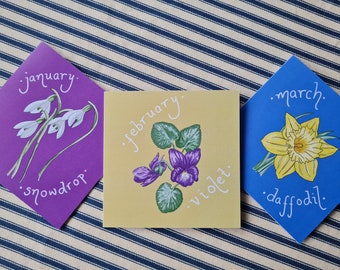 Flor de nacimiento de febrero, Violeta de cumpleaños, Tarjeta ilustrada botánica de invierno